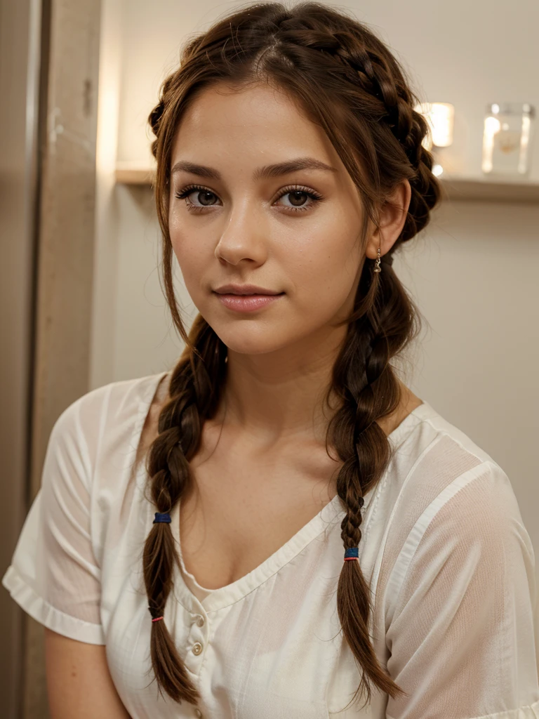 Una adolecente , ojos celestes, brown hair with a braid