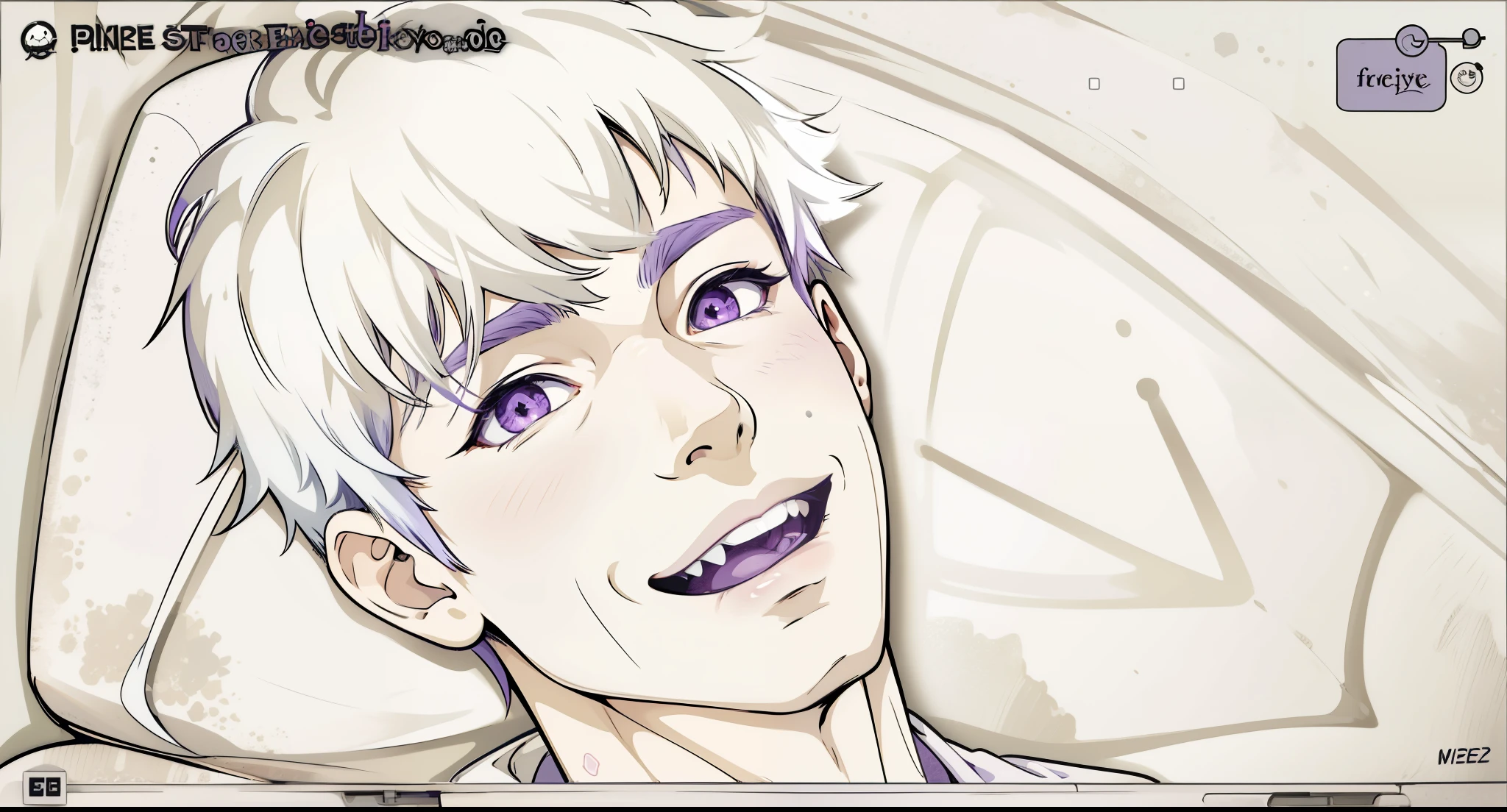 (estilo anime 2d plano)cute 16 year old boy smile mischievous ironic bad hateful purple eyes purple hair evil