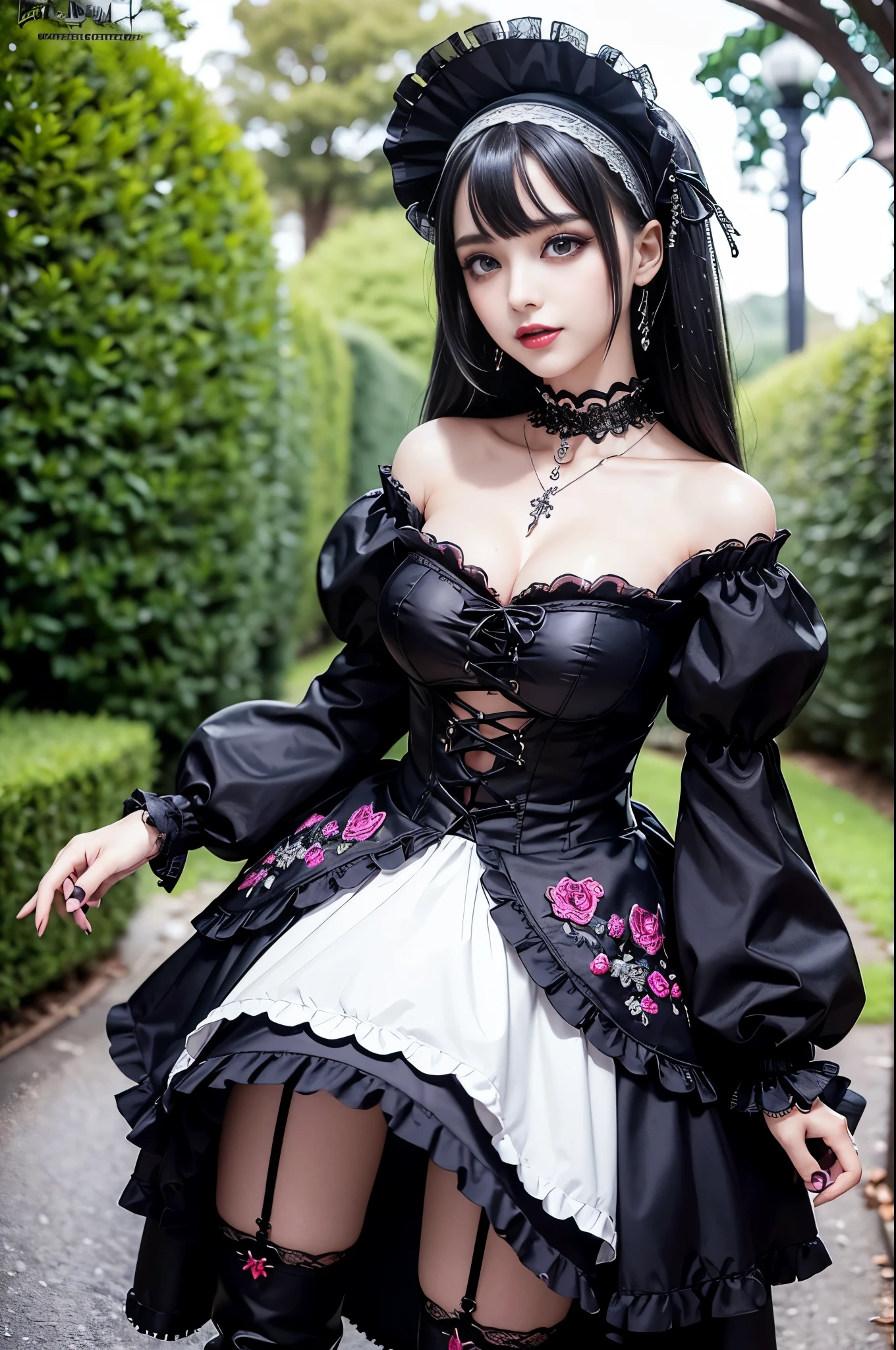 sexy stylish female model, only 1 female, ((doll-like appearance)), ((ultra detailed Platform boots)), beautiful smile, ultra detailed eyes, vivid eye makeup, lipgloss, long lashes, defined eyebrows, ((sexy Gothic Lolita cosplay)), bell-shaped skirt, petticoats, high neckline, puffed sleeves, ((ultra detailed lace)), ((ultra detailed embroidery)), intricate details, Gothic Lolita accessoires and matching headpiece, Gothic Lolita choker, ((large sparkling Gothic Lolita jewelry)), cinematic light, detailed large park background with trees 