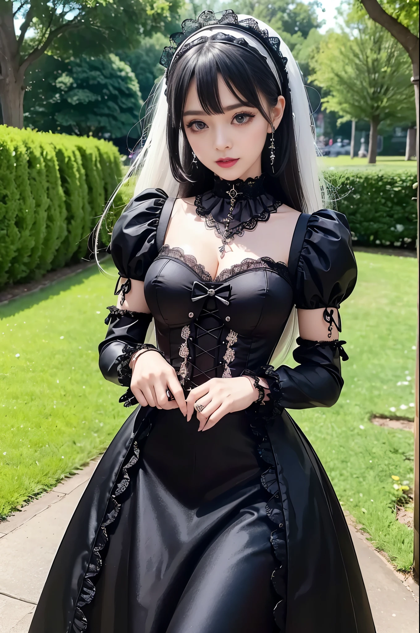 sexy stylish female model, only 1 female, ((doll-like appearance)), ((ultra detailed Platform boots)), beautiful smile, ultra detailed eyes, vivid eye makeup, lipgloss, long lashes, defined eyebrows, ((sexy Gothic Lolita cosplay)), bell-shaped skirt, petticoats, high neckline, puffed sleeves, ((ultra detailed lace)), ((ultra detailed embroidery)), intricate details, Gothic Lolita accessoires and matching headpiece, Gothic Lolita choker, ((large sparkling Gothic Lolita jewelry)), cinematic light, detailed large park background with trees 
