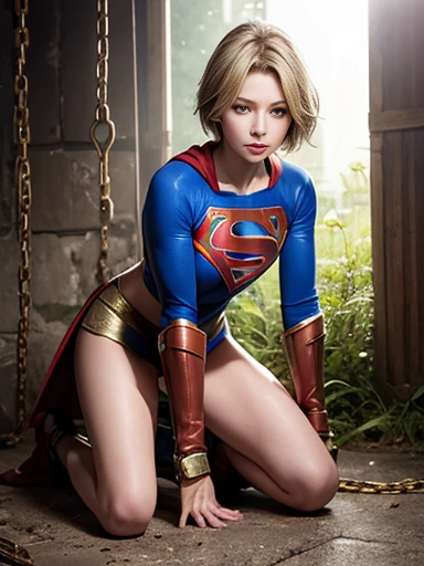 Short-haired Supergirl kneeling entangled in a rusty chain、large full breasts、Looking at the camera、Glossy costume、Tattered costume、Injury、Dungeon、slaves、humiliated