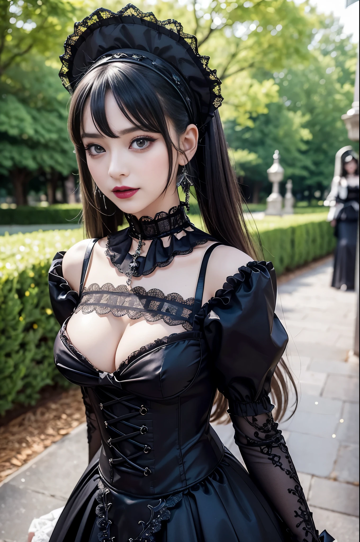 sexy stylish female model, only 1 female, ((doll-like appearance)), ((ultra detailed Platform boots)), beautiful smile, ultra detailed eyes, vivid eye makeup, lipgloss, long lashes, defined eyebrows, ((sexy Gothic ta cosplay)), bell-shaped skirt, petticoats, high neckline, puffed sleeves, ((ultra detailed lace)), ((ultra detailed embroidery)), intricate details, Gothic Loliccessoires and matching headpiece, Gothic Lolita cr, ((large sparkling Gothic Lolita jewel, cinematic light, detailed large park background with trees