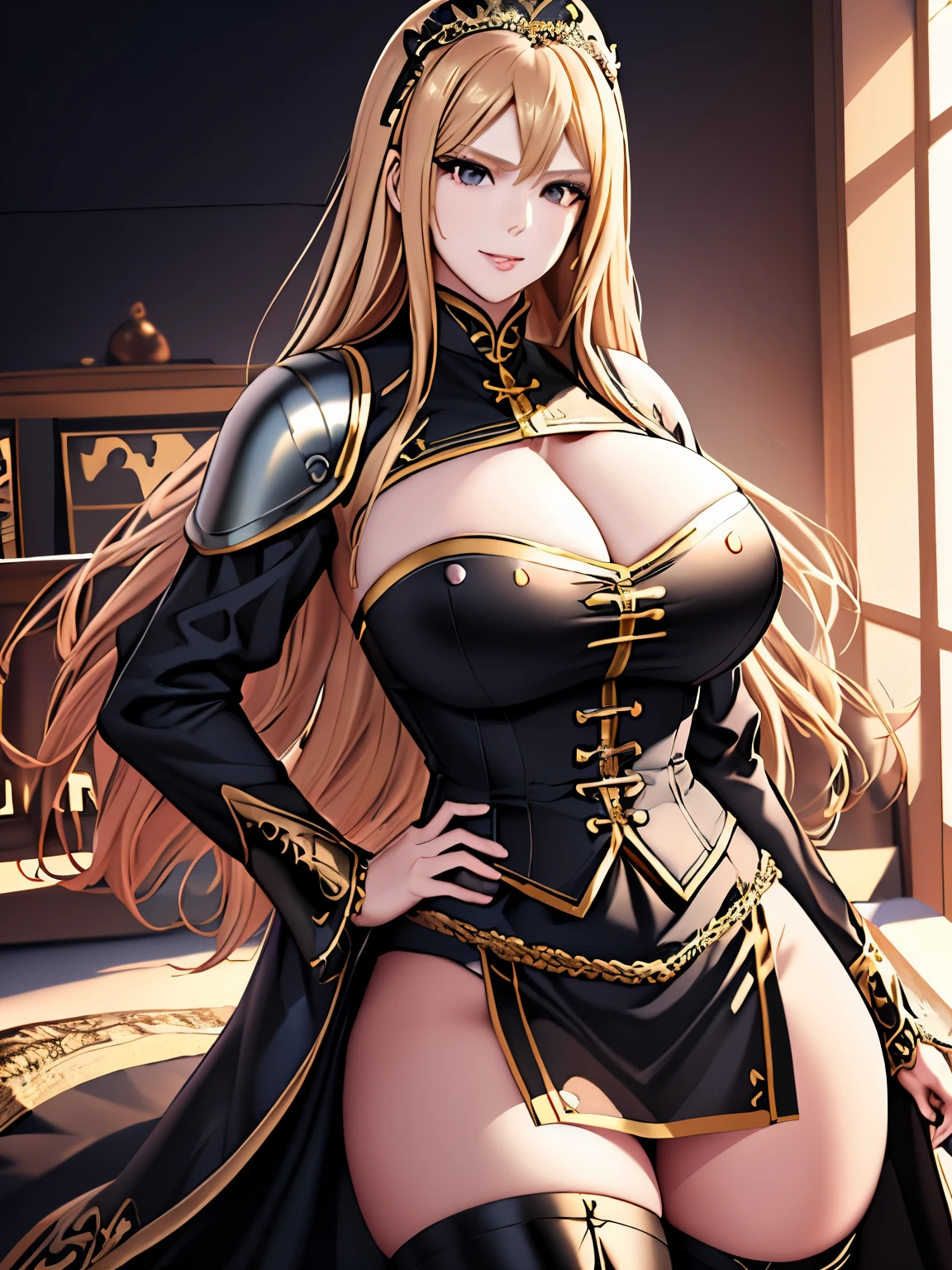 woman, long blonde hair, brown eyes, smiling, black diadem , Black and White metallic armor(golden details), heavy armor, big breast, cleavage, skirt, wide hips, large thighs, anime style, masterpiece, chocker, metallic breastplate,athletic body, holding swords,