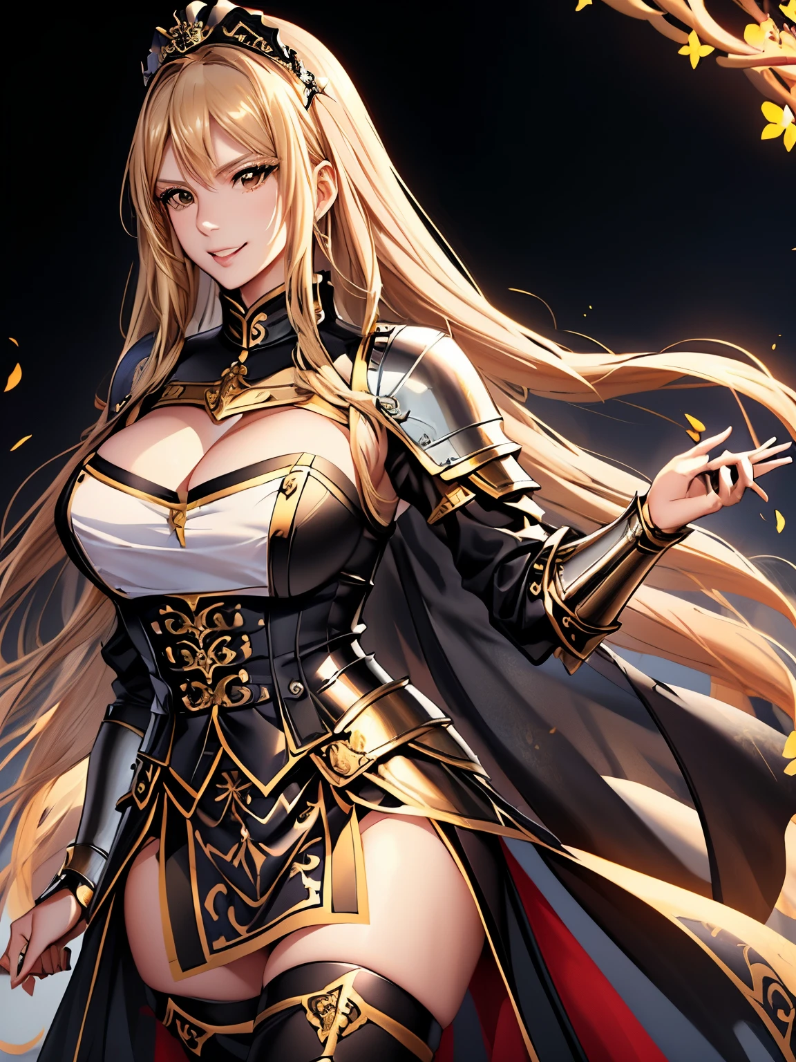 woman, long blonde hair, brown eyes, smiling, black diadem , Black and White metallic armor(golden details), heavy armor, big breast, cleavage, skirt, wide hips, large thighs, anime style, masterpiece, chocker, metallic breastplate,athletic body, holding swords,