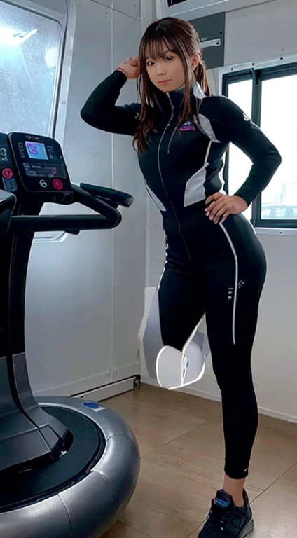 highest quality, Ultra-high resolution, (Realistic: 1.4), Inside the space station, Fitness Area, Astronaut training equipment, Zero Gravity Treadmill, Resistance Band Training Equipment, Floating Dumbbell, LED lighting, Wide々and space, Wall-mounted screen, Fitness equipment storage, Large windows with natural light, Globe seen from the window, Futuristic Design, And the fine details.
In the foreground, Young woman in futuristic training wear, Designed for space. She's stylish, Form-fitting silver and black exercise suit with reflective details, Ideal for zero gravity training. Her hair is tied in a high ponytail, She has a focused yet determined look on her face..
She is in training, standing on the Zero Gravity Treadmill, She is doing curls while holding a floating dumbbell in one hand. Her posture is strong and balanced, Showing off her fitness and poise. The camera angle is a little low, Capture her whole body in a dynamic pose, Highlighting the futuristic workout gear and advanced fitness equipment around her.
The background is the spacious Fitness Area of the space station, with LED lighting highlighting the advanced machinery. Large windows let in plenty of natural light, A spectacular view of the Earth, It creates a breathtaking contrast between the high-tech interior and the natural beauty of the space..