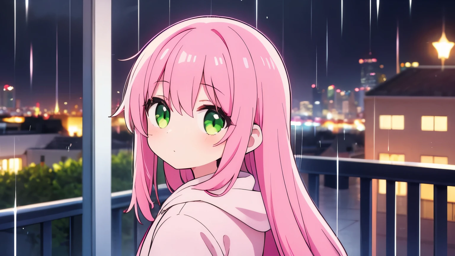 A girl with long pink hair and green eyes wearing a pink hoodie, rain, Balcony, night