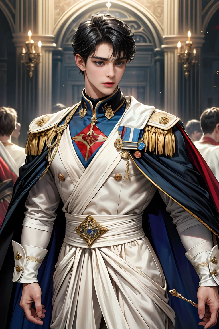
masterpiece, 最high quality, high quality, 1 boy, alone, Male focus, Watching the audience,  Messy black hair, Adorable big blue eyes, White, Noble, Noble, Sexy nude with a cape、A very voluminous, large, very large, very large, long, long red and black cape with a high stand-up collar, made of a lot of fabric that reaches down to the floor., 17 years old,Cute beautiful boys,Cute, cute, kind, handsome guy