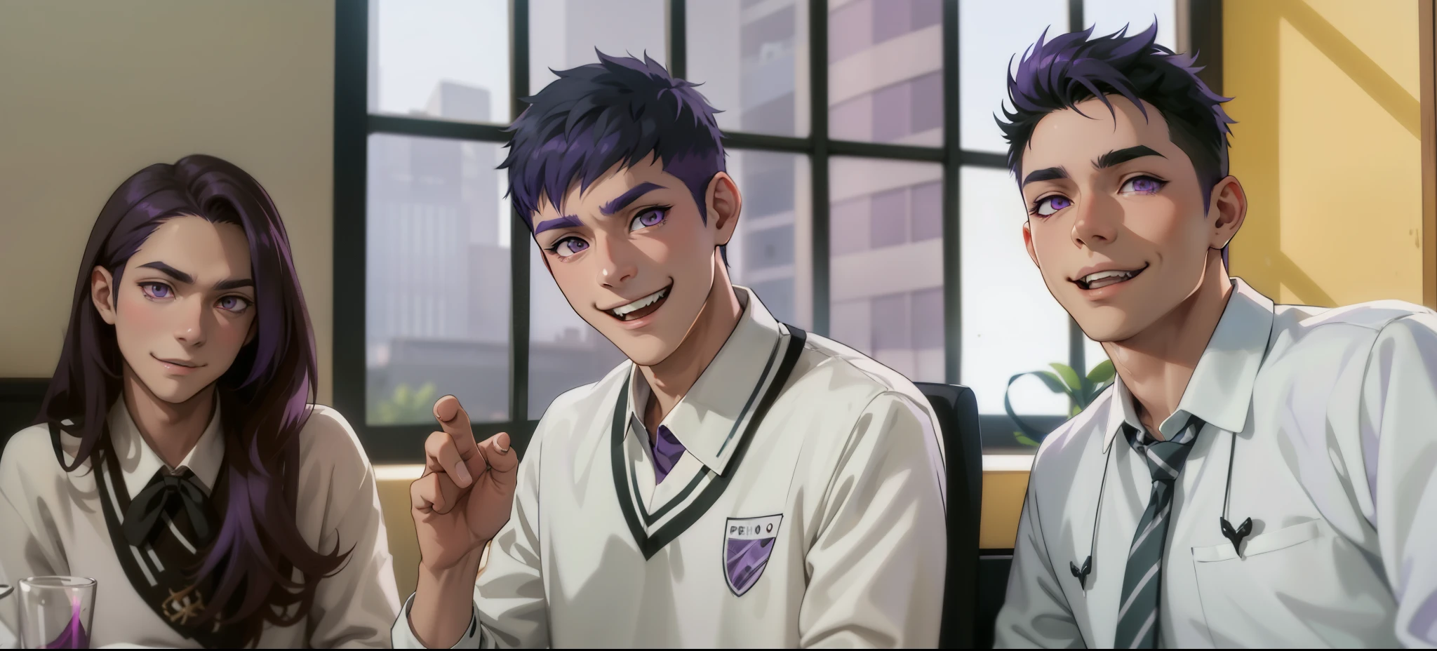 (estilo anime 2d plano)cute boy smile mischievous ironic bad hateful purple eyes purple hair evil
