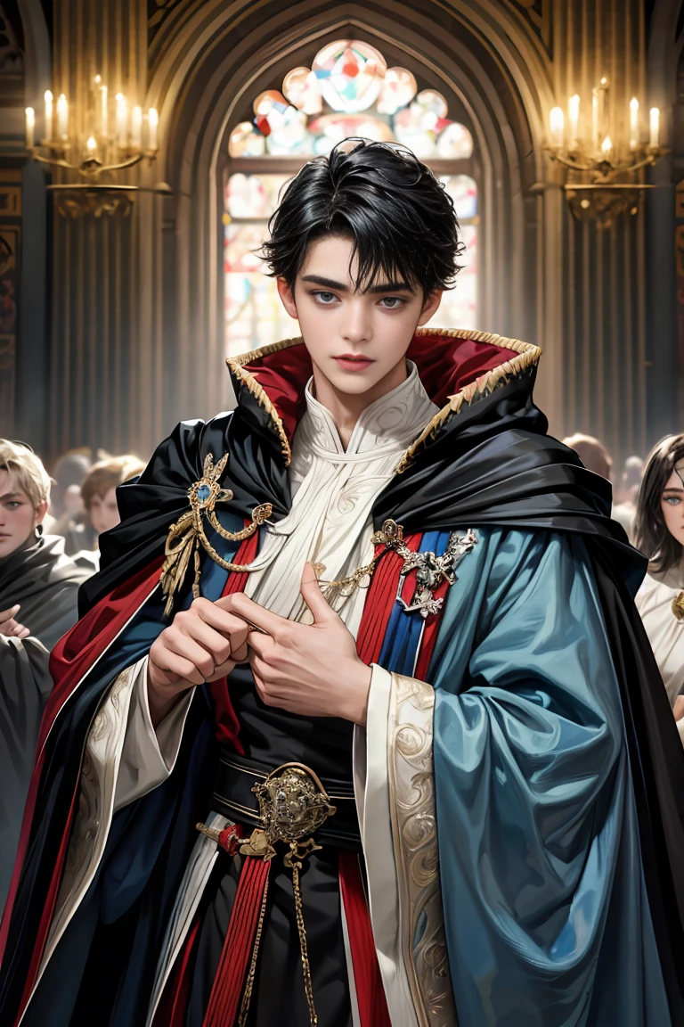 masterpiece, 最high quality, high quality, 1 boy, alone, Male focus, Watching the audience, Messy black hair, Adorable big blue eyes, White, Noble, Noble, Sexy cloak、A very voluminous, large, very large, very large, long, long red and black cape with a high stand-up collar, made of a lot of fabric that reaches down to the floor., 17 years old,Cute beautiful boys,Cute, cute, kind, handsome guy
