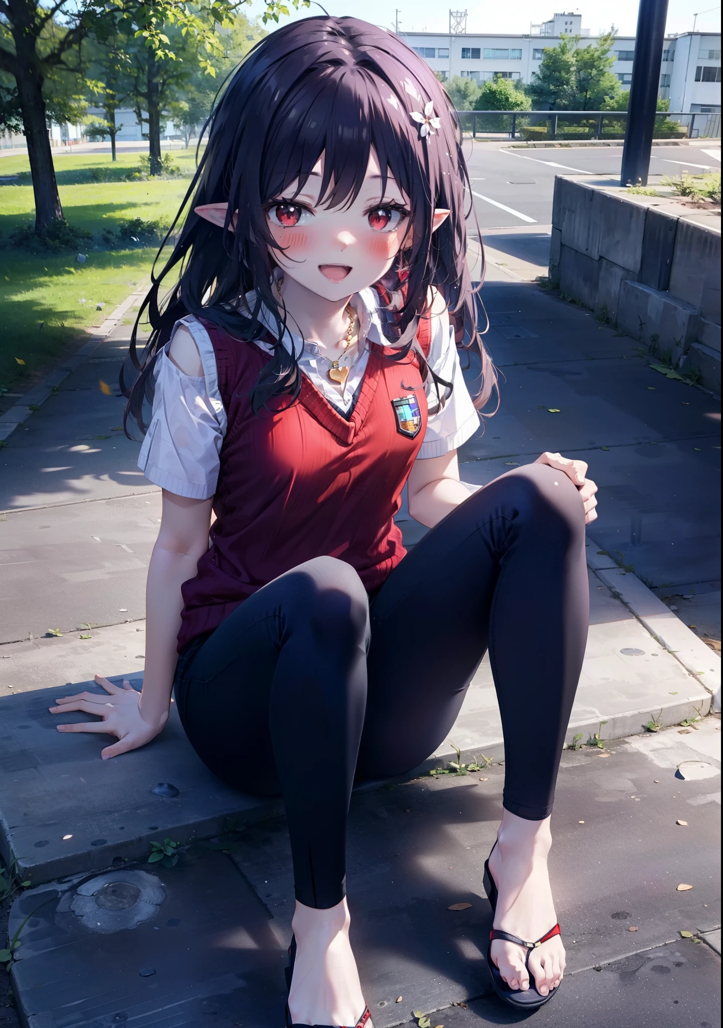 yuukikonno, Yuki Konno, hair band, Long Hair, Pointy Ears, Purple Hair, (Red eyes:1.5), (Small breasts:1.2), blush,happy smile, smile, Open your mouth,Purple cold shoulder top,Short sleeve,skinny pants,Heeled Sandals,Heart-shaped necklace,Sitting on the steps in the park,sunset,evening,The sun goes down,whole bodyがイラストに入るように,Looking down from above, break looking at viewer, whole body,Sweater vest, (red Sweater vest:1.5),break outdoors, School,courtyard, break (masterpiece:1.2), highest quality, High resolution, unity 8k wallpaper, (shape:0.8), (Beautiful and beautiful eyes:1.6), Highly detailed face, Perfect lighting, Extremely detailed CG, (Perfect hands, Perfect Anatomy),