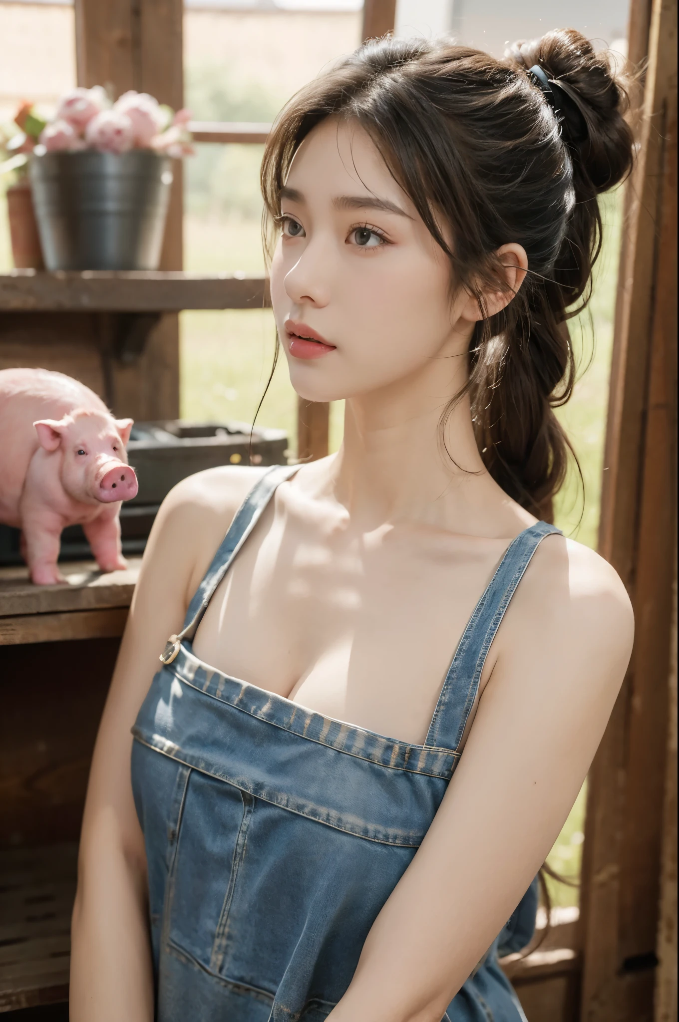 group photo of a girl and a huge pig,standing in the middle of a pig farm,short ponytail,bare shoulders,flat chests,torn apron,cleavage,realistic scenery,photography carnival,wildlife photography,aurora punk,animal and human styles,close-up of face,indoor,