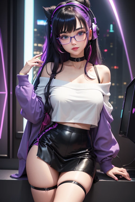 ((best quality)), ((masterpiece)), 8k, detailed eyes, perfect face, female, gamer girl, aqua eyes, cherry-red lips, light smile, medium black hair, purple streaks, wearing headphones, nerdy glasses, bangs, ribbon, choker, bracelet, sleeves past fingers, white off-shoulder sweater, black skirt, nighttime, neon lights, colorful lights, purple and cyan themed background