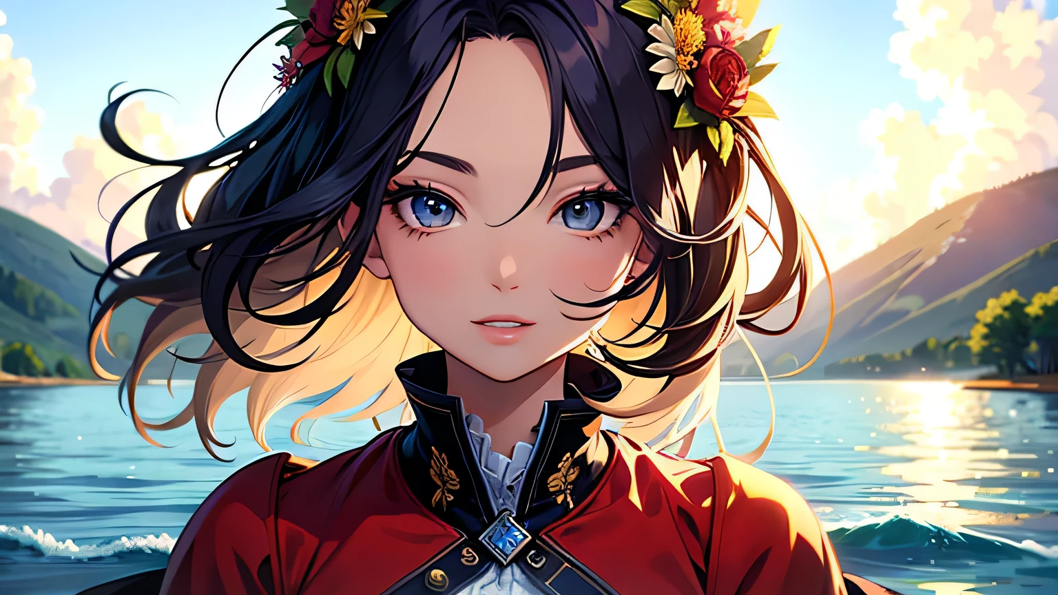 ((highest quality)), ((masterpiece)), (detailed), Perfect Face、Water's Edge、Blue Dress、blonde、Smooth Hair、ponytail、Fluttering in the wind、Earrings、necklace、Upper Body、smile、refer to