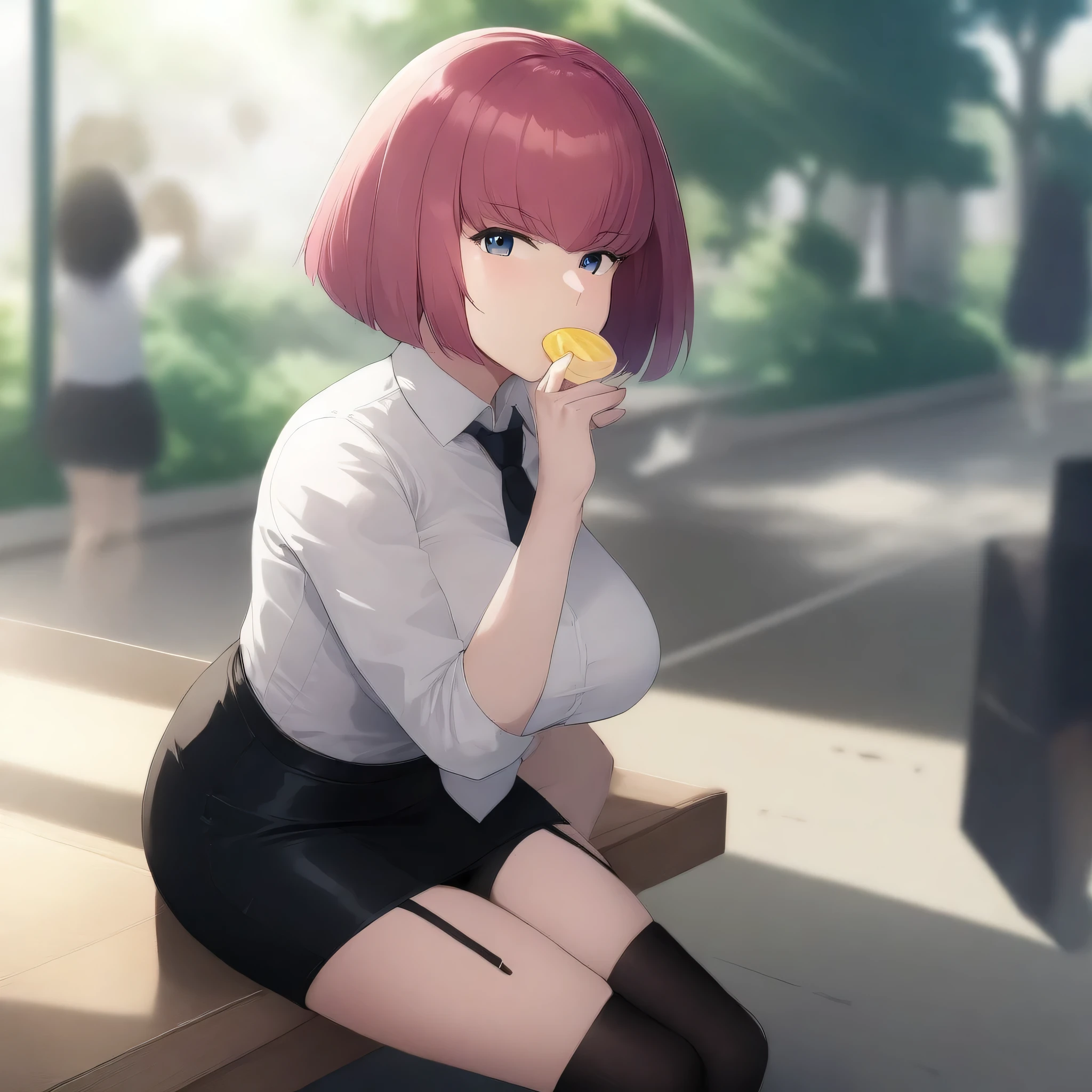 score_9, score_8_up, score_7_up,score_6_up, score_5_up, highly detailed, lighting and shadowing, light and shadow, high res, 1girl, haman karn, gundam , opaque white shirt with tie, black (tight skirt:1.2), black thigh high stockings with garter belt, sitting on the bench in the crowded park, (eating a slice of lemon:1.2), sunlight coming through the window, giga_busty, (button_gap:-0.5), masterpiece, best quality, very aesthetic, absurdres