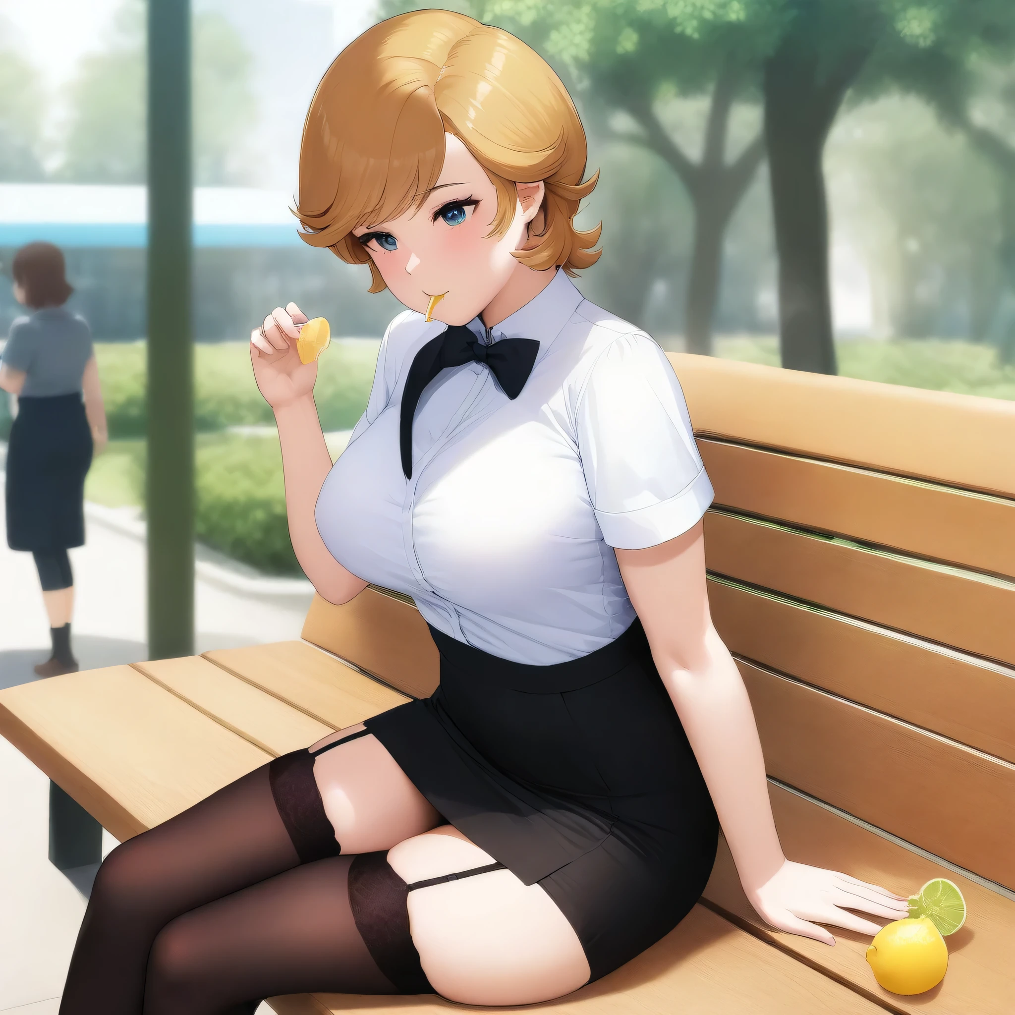 score_9, score_8_up, score_7_up,score_6_up, score_5_up, highly detailed, lighting and shadowing, light and shadow, high res, 1girl, mineva lao zabi, gundam , opaque white shirt with tie, black (tight skirt:1.2), black thigh high stockings with garter belt, sitting on the bench in the crowded park, (eating a slice of lemon:1.2), sunlight coming through the window, giga_busty, , (button_gap:-0.5), masterpiece, best quality, very aesthetic, absurdres