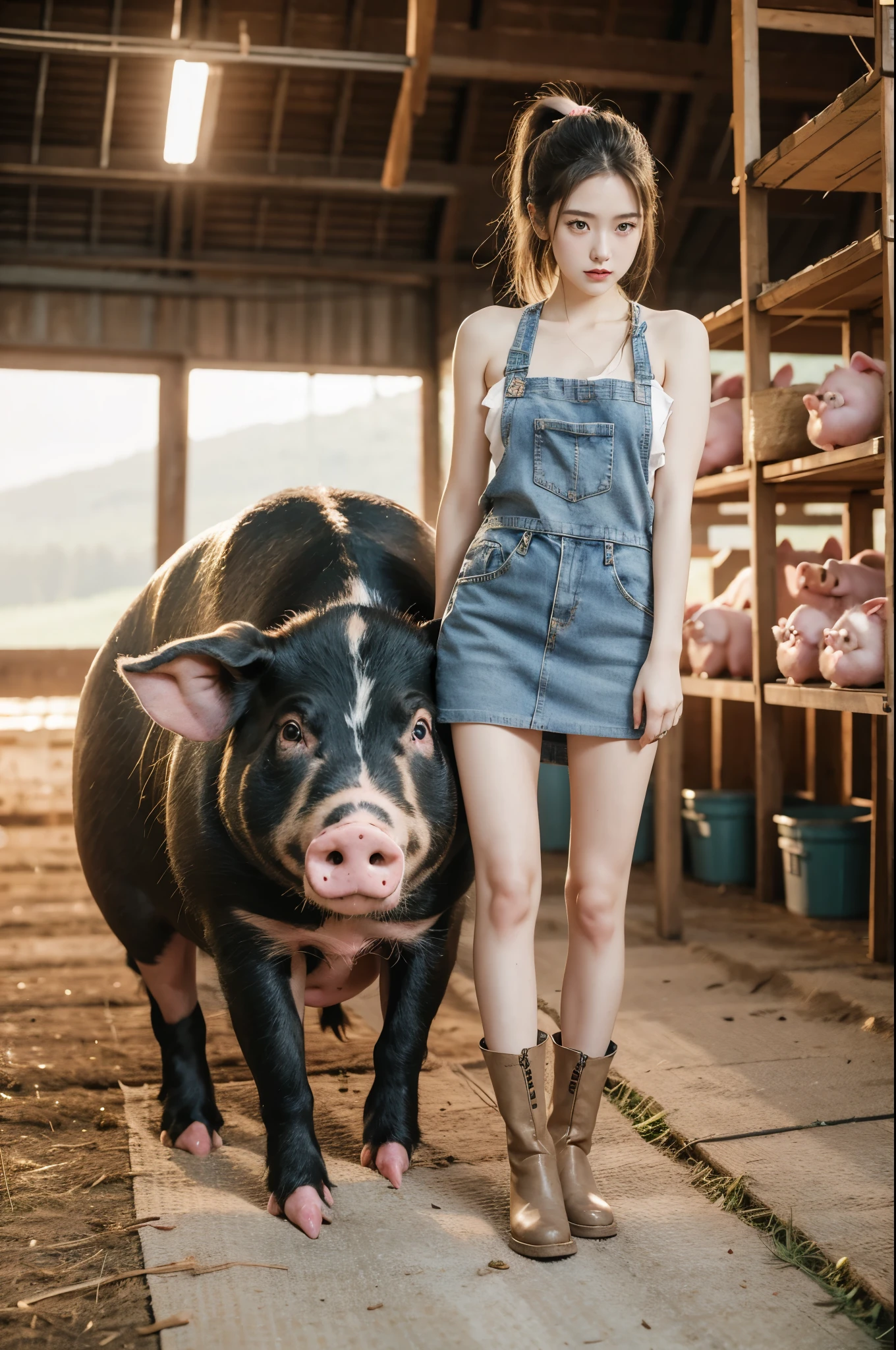 group photo of a girl and a huge pig,standing in the middle of a pig farm,short ponytail,bare shoulders,flat chests,torn apron,slender legs,boots,realistic scenery,photography carnival,wildlife photography,aurora punk,animal and human styles,full body,indoor,