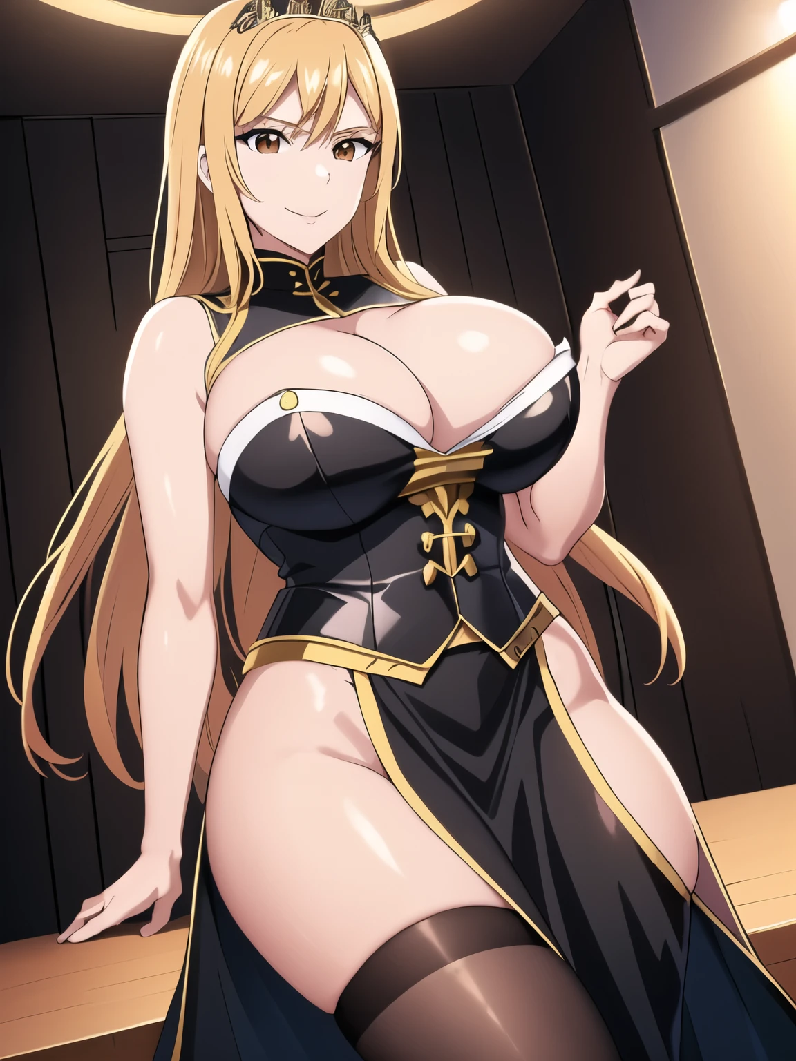 woman, long blonde hair, brown eyes, smiling, black diadem , Black and White metallic armor(golden details), heavy armor, big breast, cleavage, skirt, wide hips, large thighs, anime style, masterpiece, chocker, metallic breastplate,athletic body, holding swords,