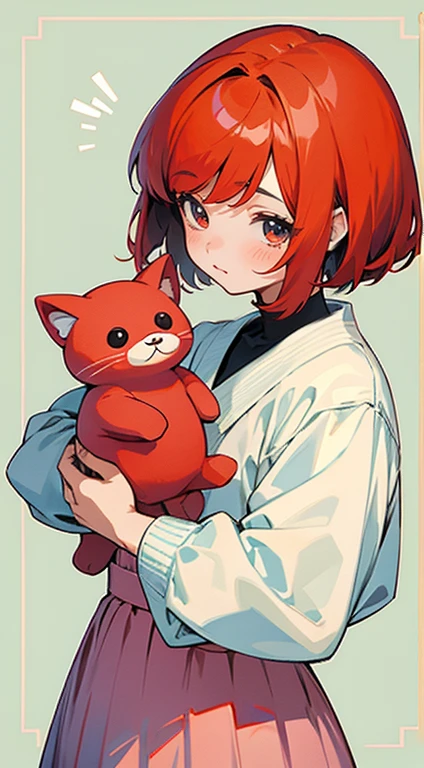 a girl with short hair holding a stuffed animal in her hands, red hair,anime visual of a cute girl, cute anime girl, cute anime, , soft anime illustration, cute kawaii girl, cute anime style, kawaii anime manga style, w anime moe artstyle, cute artwork,