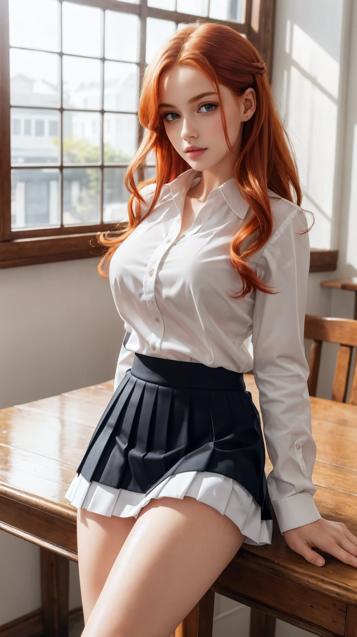 ultra detailed, sharp focus, best quality, masterpiece, colorful, mariacampbell, 1girl, redhead, intricate details, glossy lips, school, white shirt, black pleated miniskirt