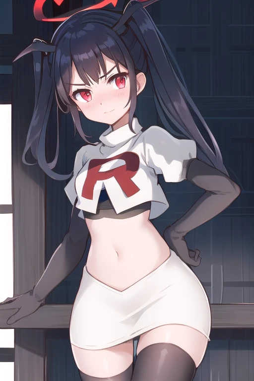 fuukadef, team rocket,team rocket uniform,white skirt,red letter R,crop top,black thigh-highs,black elbow gloves, blush,  looking at viewer,moody lighting, facing viewer,
