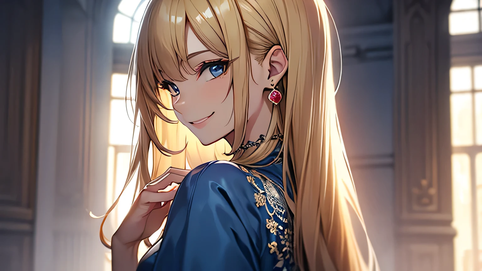 ((best quality)), ((masterpiece)), (detailed), perfect face、blonde、Smooth Hair、Blue Dress、Earrings、necklace、smile、look back、Upper Body、