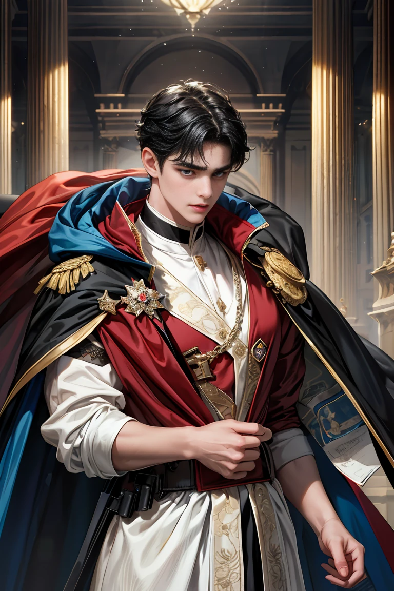 
masterpiece, 最high quality, high quality, 1 boy, alone, Male focus, Watching the audience,  Messy black hair, Adorable big blue eyes, White, Noble, Noble, Sexy Bomber Cape、A very voluminous, large, very large, very large, long, long red and black cape with a high stand-up collar, made of a lot of fabric that reaches down to the floor., 17 years old,Cute beautiful boys,Cute, cute, kind, handsome guy