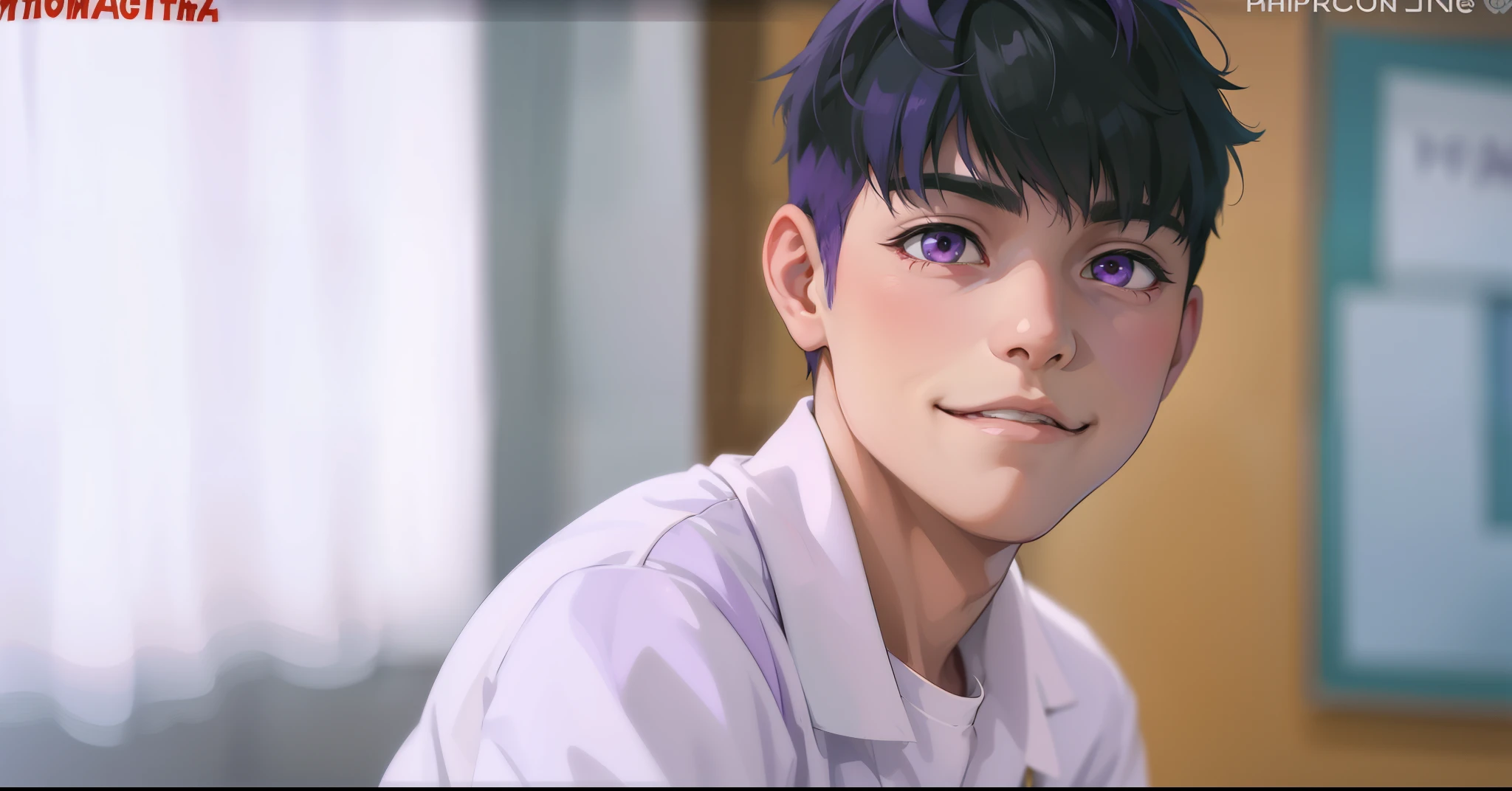 (estilo anime 2d plano)cute 16 year old boy smile mischievous ironic bad hateful purple eyes purple hair evil