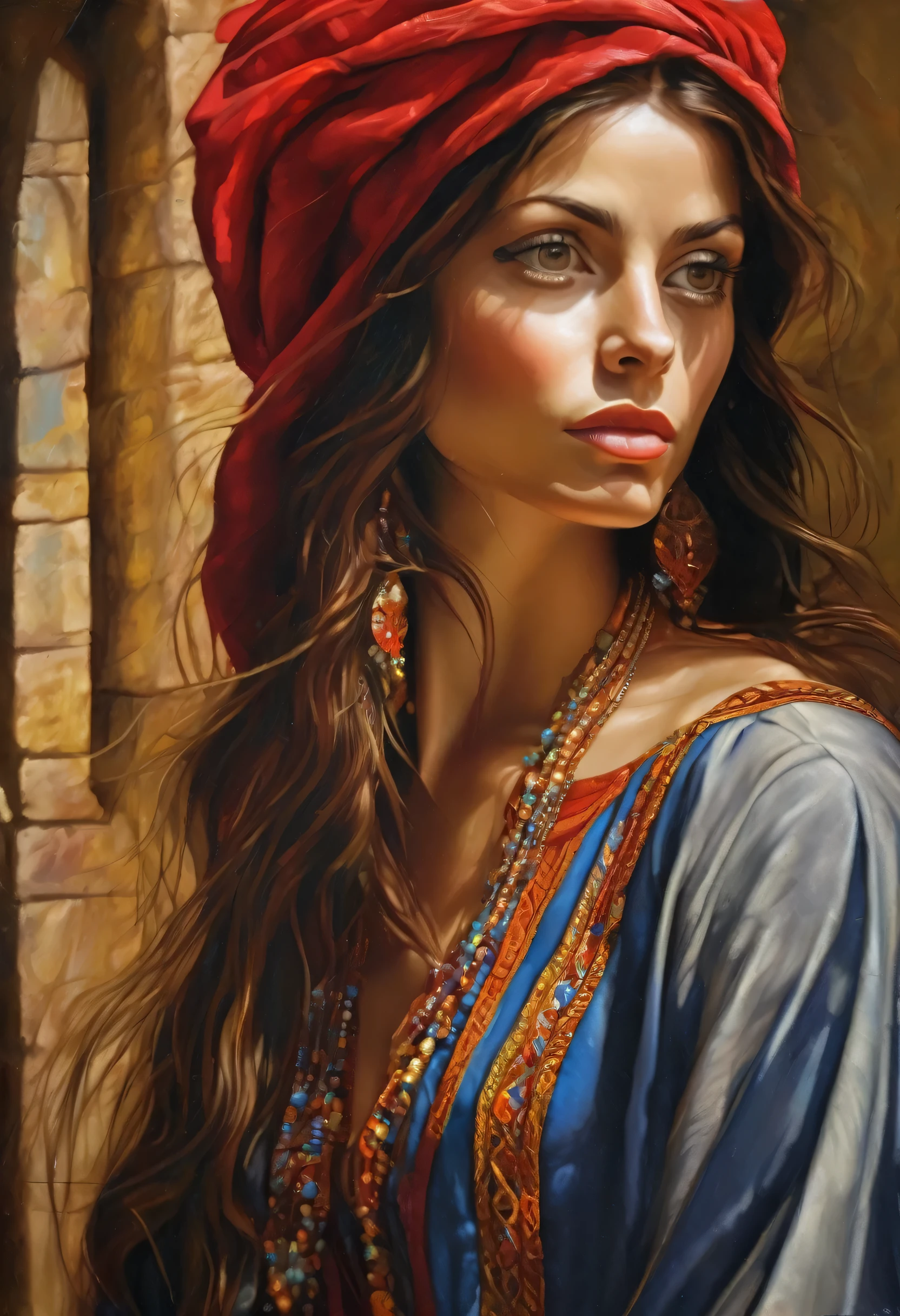 oil painting of a beautiful woman, olhos grandes, boca vermelha, perfeita, linda princesa marroquina, with typical clothes, caminhando pelas ruas de Fez, ultra detalhado, alta qualidade, style leonardo da vinci, high quality, masterpiece, leonardo da vinci style, cinematic lighting, dramatic colors, chiaroscuro, photorealistic