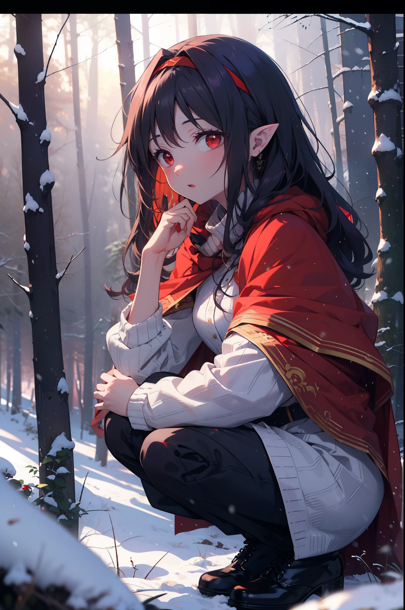 yuukikonno, Yuki Konno, hair band, Long Hair, Pointy Ears, Purple Hair, (Red eyes:1.5), (Small breasts:1.2), Open your mouth,snow,fire, Outdoor, boots, snowing, From the side, wood, suitcase, Cape, Blurred, forest, nature, Brown eyes, Squat, Mouth closed, フードed Cape, winter, Written boundary depth, Black shoes, red Cape
break looking at viewer, Upper Body, whole body,
break Outdoor, forest, nature,
break (masterpiece:1.2), highest quality, High resolution, unity 8k wallpaper, (shape:0.8), (Fine and beautiful eyes:1.6), Highly detailed face, Perfect lighting, Highly detailed CG, (Perfect hands, Perfect Anatomy),
