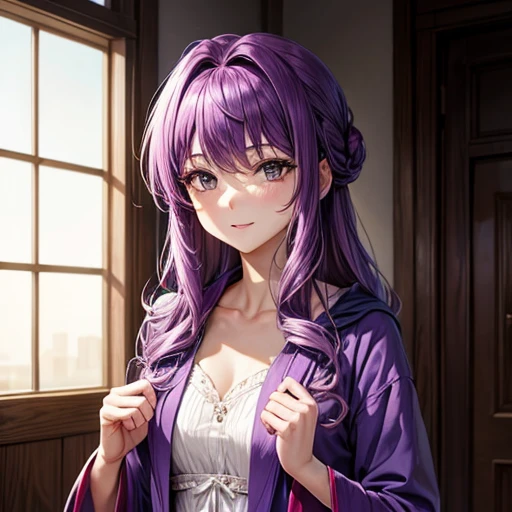 Purple-haired woman in a robe
