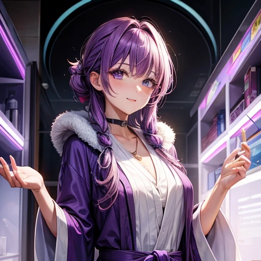 Purple-haired woman in a robe