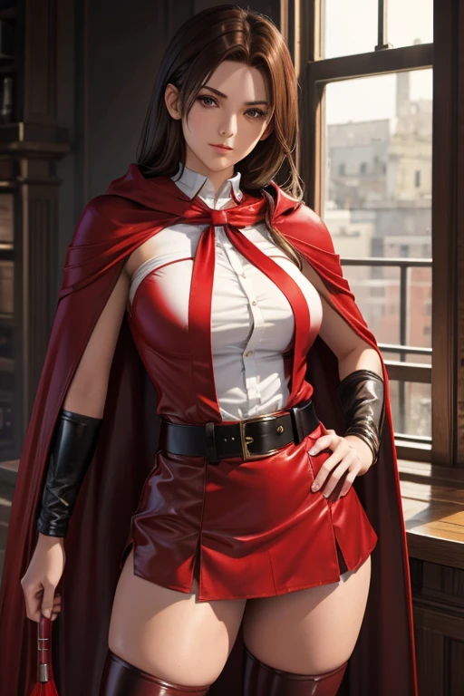 19 year old girl straight brown hair perfect body red hood and cape white shirt with shoulder pads red chorts belt stockings black pantyhose boots tender face creating energy shields 