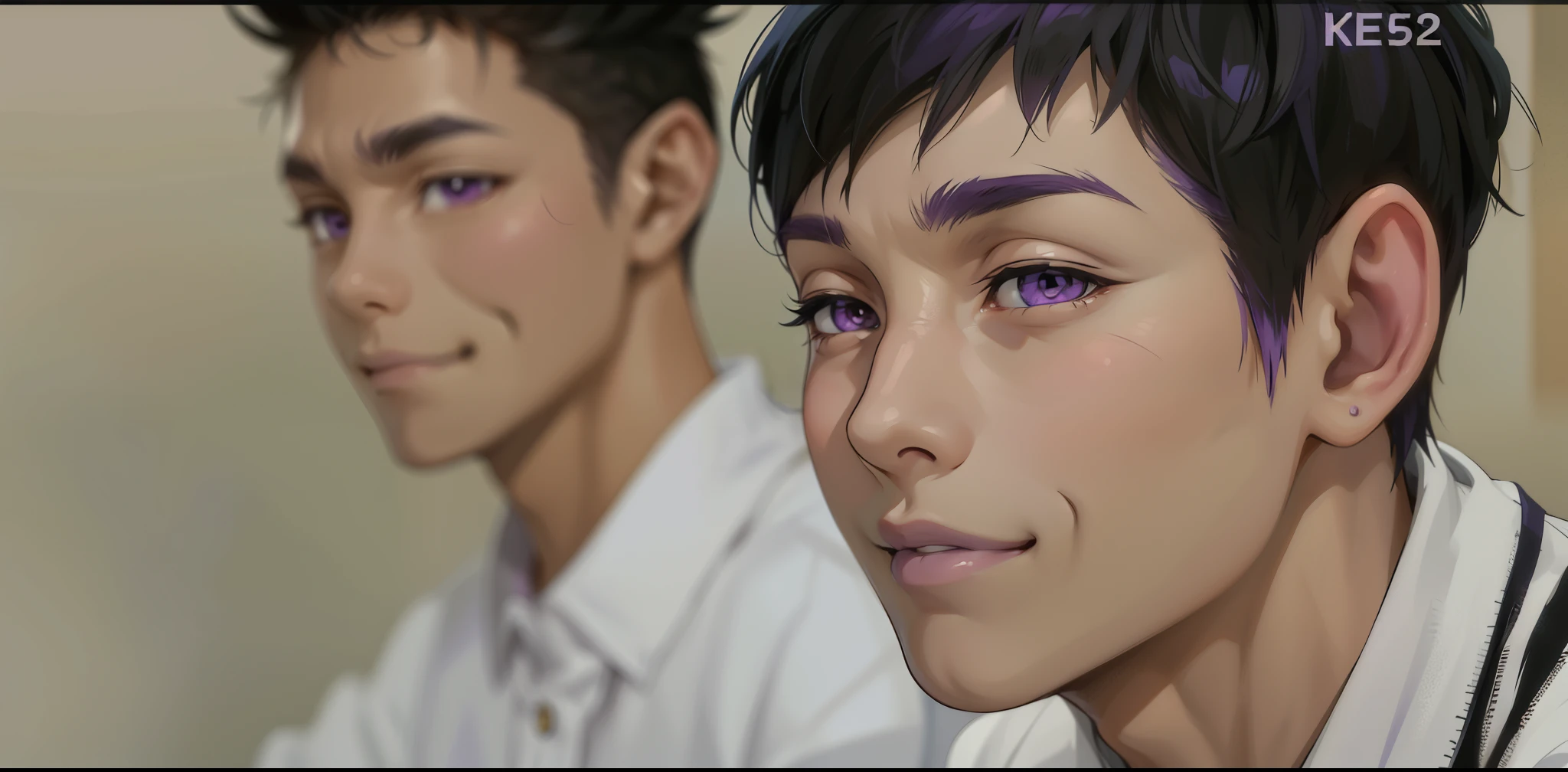 (estilo anime 2d plano)cute 16 year old boy smile mischievous ironic bad hateful purple eyes purple hair evil