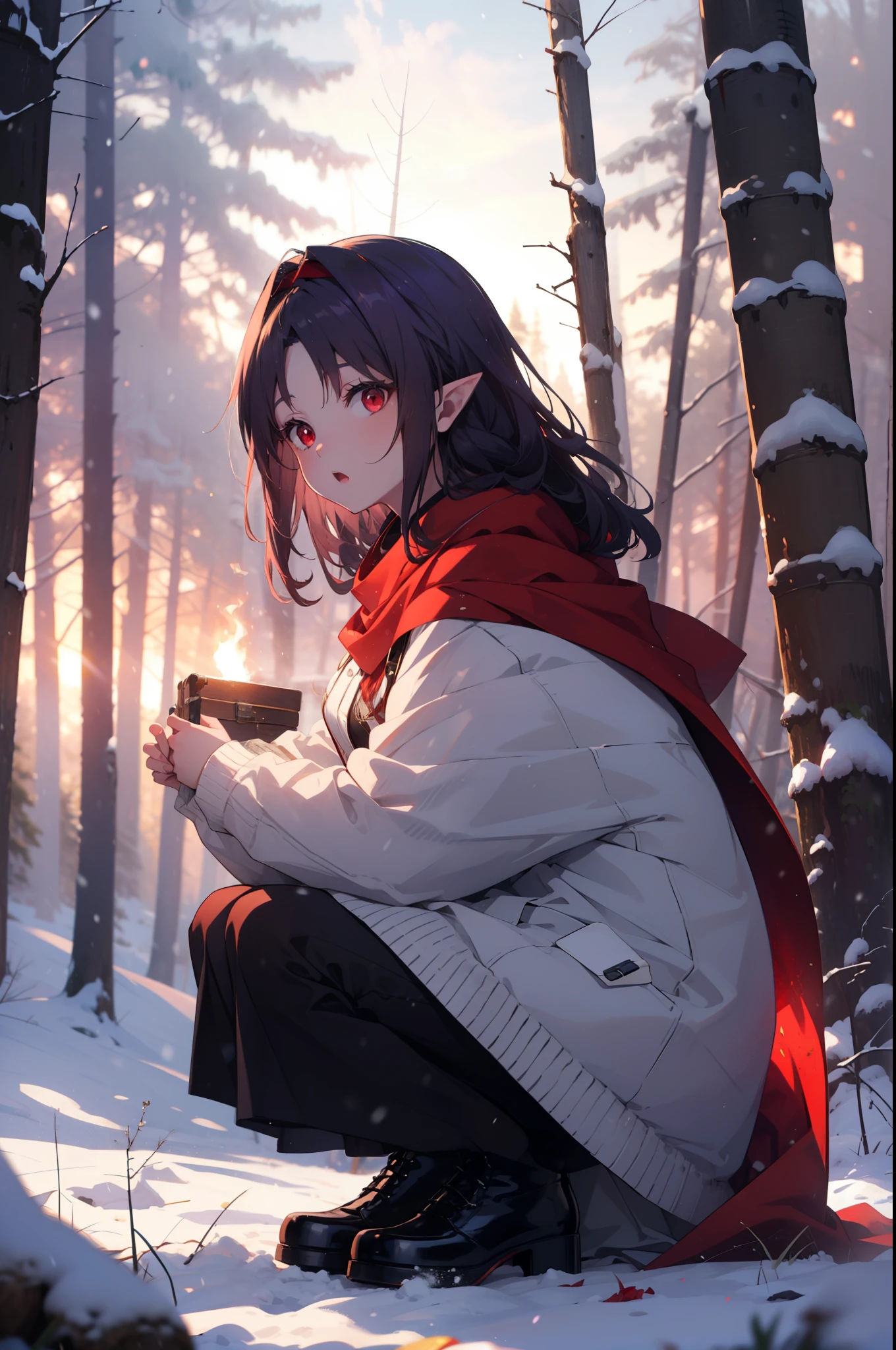 yuukikonno, Yuki Konno, hair band, Long Hair, Pointy Ears, Purple Hair, (Red eyes:1.5), (Small breasts:1.2), Open your mouth,snow,fire, Outdoor, boots, snowing, From the side, wood, suitcase, Cape, Blurred, forest, nature, Brown eyes, Squat, Mouth closed, フードed Cape, winter, Written boundary depth, Black shoes, red Cape
break looking at viewer, Upper Body, whole body,
break Outdoor, forest, nature,
break (masterpiece:1.2), highest quality, High resolution, unity 8k wallpaper, (shape:0.8), (Fine and beautiful eyes:1.6), Highly detailed face, Perfect lighting, Highly detailed CG, (Perfect hands, Perfect Anatomy),