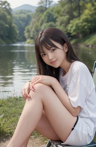 a lot of details, (slender waist), 30 years old, detailed black hair, beautiful detailed hair, super fucking beautiful, complex details beautiful and delicate eyes, perfect hands, (small breasts best quality), perfect and delicate limbs, detailed skin, best quality, ultra-detailed,
river, motorcycle, delightful, cheerful grin, sitting, looking at viewer, (green long-sleeved t-shirt), (white shorts), (sitting in a camping chair by the bonfire), japanese, Joyful Scene, with a river, in the evening, hazy atmosphere, (full body shot:1.2), from side, golden hour, telephoto lens
