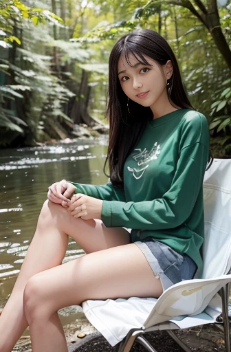 a lot of details, (slender waist), 30 years old, detailed black hair, beautiful detailed hair, super fucking beautiful, complex details beautiful and delicate eyes, perfect hands, (small breasts best quality), perfect and delicate limbs, detailed skin, best quality, ultra-detailed,
river, motorcycle, delightful, cheerful grin, sitting, looking at viewer, (green long-sleeved t-shirt), (white shorts), (sitting in a camping chair by the bonfire), japanese, Joyful Scene, with a river, in the evening, hazy atmosphere, (full body shot:1.2), from side, golden hour, telephoto lens