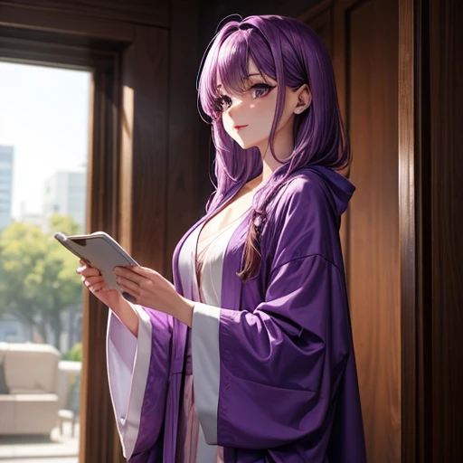 Purple-haired woman in a robe