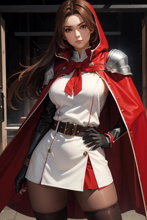 19 year old girl straight brown hair perfect body red hood and cape white shirt with shoulder pads red chorts belt stockings black pantyhose boots tender face creating energy shields with her hands 