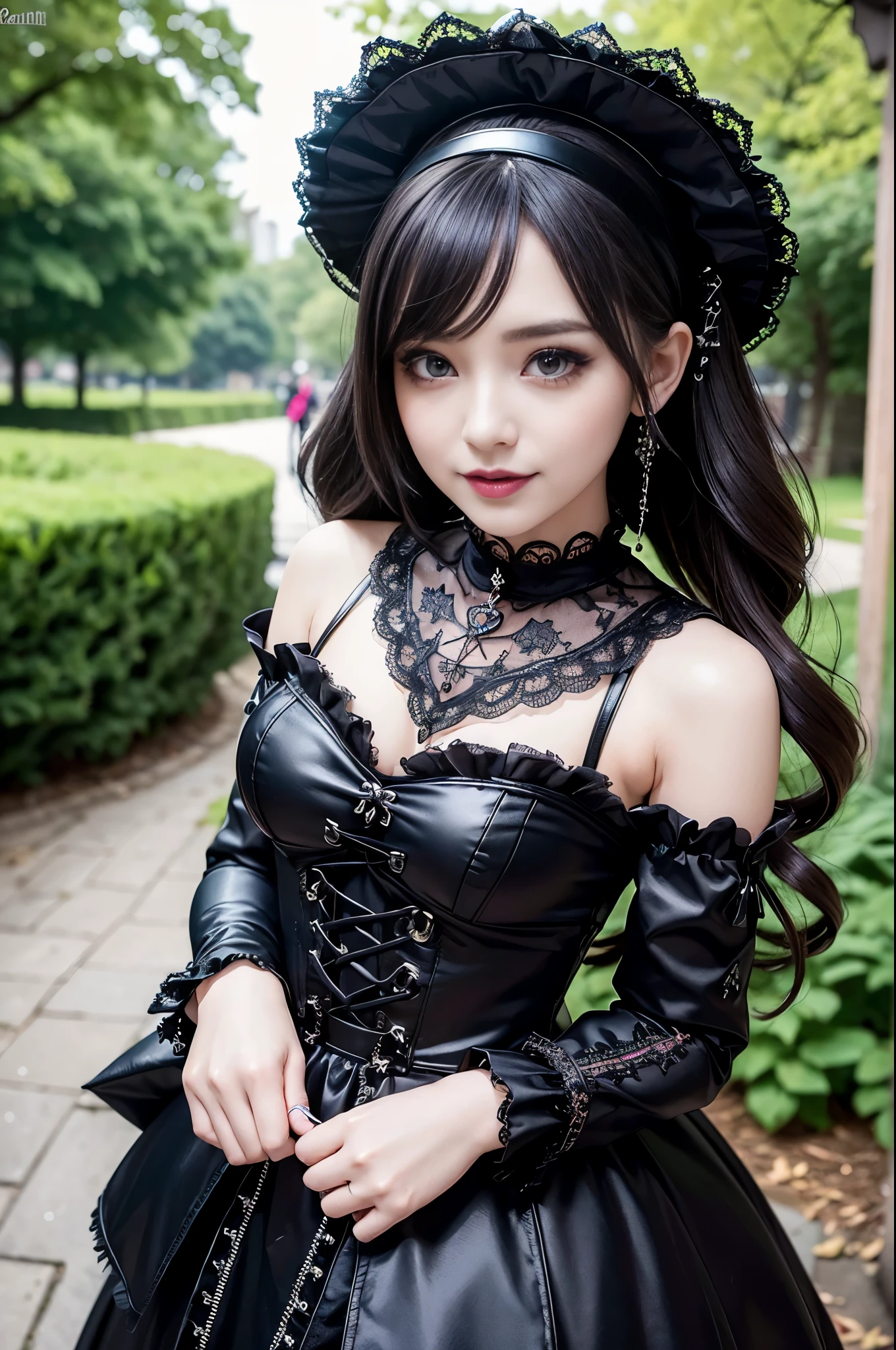 sexy stylish female model, only 1 female, ((doll-like appearance)), ((ultra detailed Platform boots)), (big smile), ultra detailed eyes, vivid eye makeup, lipgloss, long lashes, defined eyebrows, ((sexy Gothic ta cosplay)), bell-shaped skirt, petticoats, high neckline, puffed sleeves, ((ultra detailed lace)), ((ultra detailed embroidery)), intricate details, Gothic Loliccessoires and matching headpiece, Gothic Lolita cr, ((large sparkling Gothic Lolita jewel, cinematic light, detailed large park background with trees
