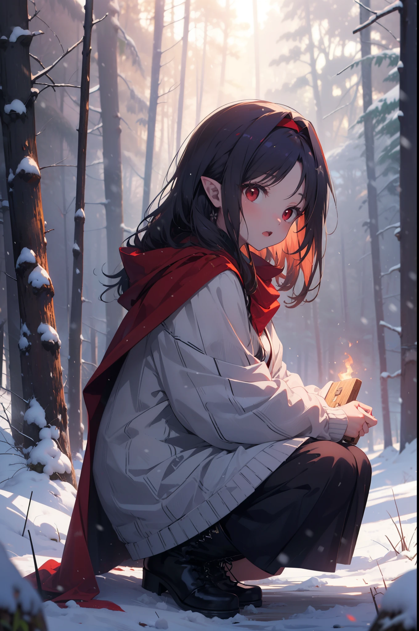 yuukikonno, Yuki Konno, hair band, Long Hair, Pointy Ears, Purple Hair, (Red eyes:1.5), (Small breasts:1.2), Open your mouth,snow,fire, Outdoor, boots, snowing, From the side, wood, suitcase, Cape, Blurred, forest, nature, Brown eyes, Squat, Mouth closed, フードed Cape, winter, Written boundary depth, Black shoes, red Cape
break looking at viewer, Upper Body, whole body,
break Outdoor, forest, nature,
break (masterpiece:1.2), highest quality, High resolution, unity 8k wallpaper, (shape:0.8), (Fine and beautiful eyes:1.6), Highly detailed face, Perfect lighting, Highly detailed CG, (Perfect hands, Perfect Anatomy),