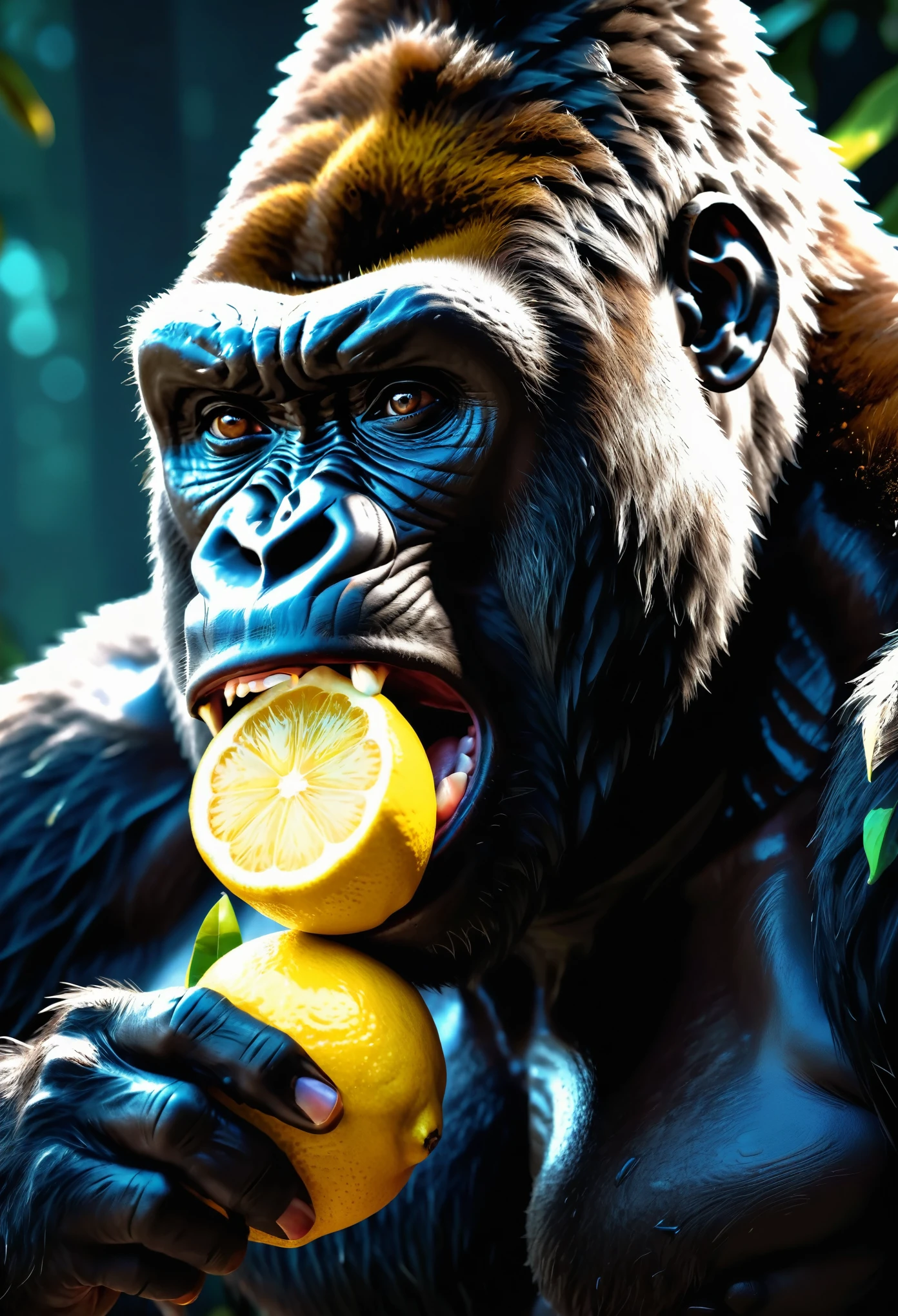 a giant gorilla, eating a lemon, hyperrealistic, highly detailed, 4k, octane render, photorealistic, dramatic lighting, cinematic composition, moody color palette, chiaroscuro lighting, powerful muscles, intense expression, saliva dripping from mouth, sharp fangs, detailed fur texture, dynamic pose, depth of field, cinematic camera angle