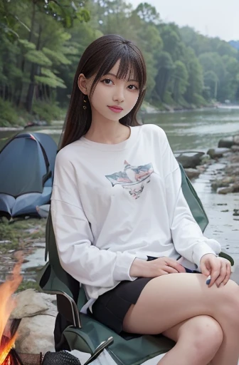 a lot of details, (slender waist), 30 years old, detailed black hair, beautiful detailed hair, super fucking beautiful, complex details beautiful and delicate eyes, perfect hands, (small breasts best quality), perfect and delicate limbs, detailed skin, best quality, ultra-detailed,
river, motorcycle, delightful, cheerful grin, sitting, looking at viewer, (green long-sleeved t-shirt), (white mini skirt), (sitting in a camping chair by the bonfire:1.5), japanese, Joyful Scene, with a river, in the evening, hazy atmosphere, (full body shot:1.2), from side, golden hour, telephoto lens