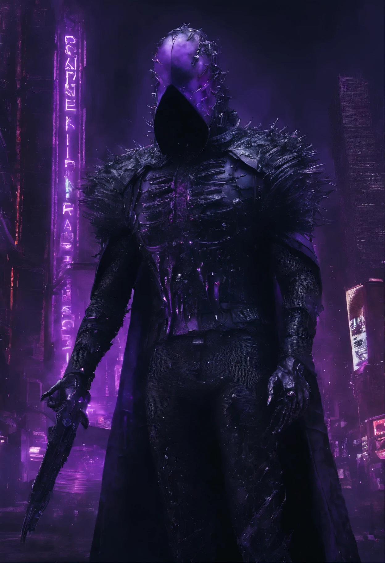 (extremely detailed 8k wallpaper), a medium shot photo of cyberpunk scary Grim dressed as a cybernetic supervillain crow in an armour made of purple crystals from marvel, cyberpunk theme, intricate, high detail, dramatic, neon city lights in the background