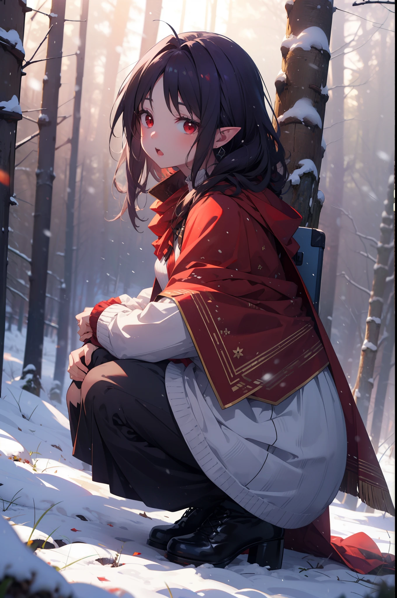 yuukikonno, Yuki Konno, hair band, Long Hair, Pointy Ears, Purple Hair, (Red eyes:1.5), (Small breasts:1.2), Open your mouth,snow,fire, Outdoor, boots, snowing, From the side, wood, suitcase, Cape, Blurred, forest, nature, Brown eyes, Squat, Mouth closed, フードed Cape, winter, Written boundary depth, Black shoes, red Cape
break looking at viewer, Upper Body, whole body,
break Outdoor, forest, nature,
break (masterpiece:1.2), highest quality, High resolution, unity 8k wallpaper, (shape:0.8), (Fine and beautiful eyes:1.6), Highly detailed face, Perfect lighting, Highly detailed CG, (Perfect hands, Perfect Anatomy),