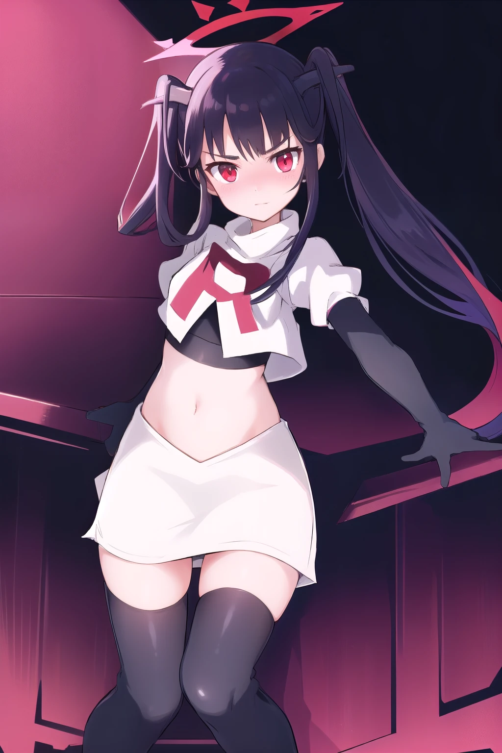 fuukadef, team rocket,team rocket uniform,white skirt,red letter R,crop top,black thigh-highs,black elbow gloves, blush,  looking at viewer,moody lighting, facing viewer,
