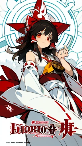 Reimu hakurei, busto pequeno, 1 garota, 10 anos de idade, sorrindo, Roupas sacerdotisa japonesa, dynamic pose, fundo branco, manga cover style, Sanctuary in the background, escrito Gensoukyou Densetsu in the form of a logo