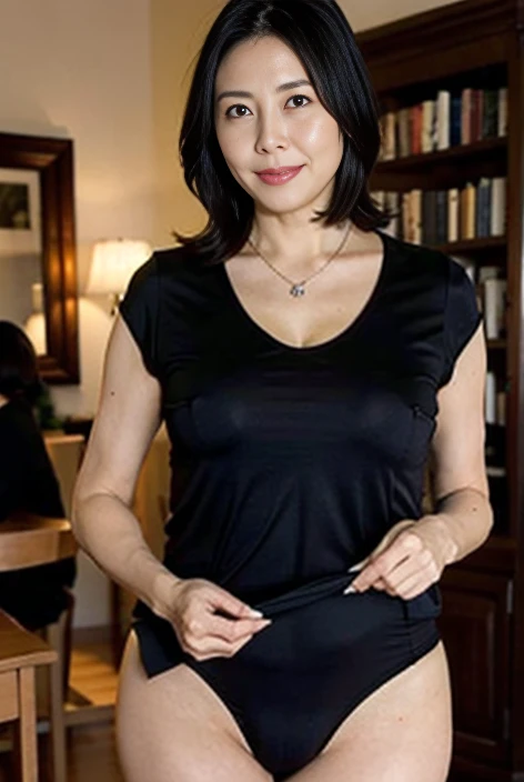 8k quality,masterpiece,best quality,Chest:2.5),A lovely woman who looks 60 years old,Black underwear,Black panties,Black tights,library,necklace,Lift up clothes