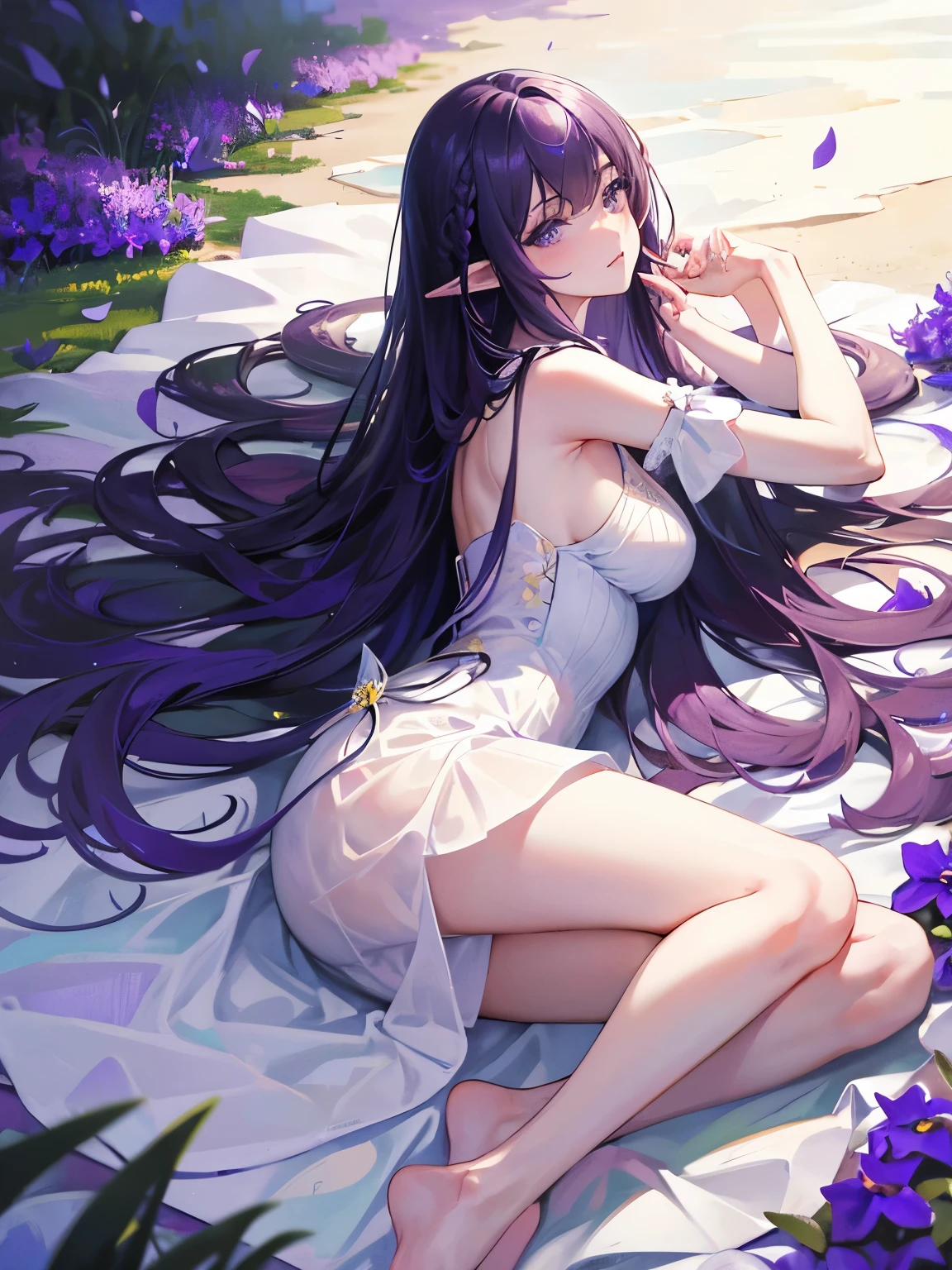 RAW photo , insanely detailed, highest quality, high resolution, solo,break、(contrast:1), full body、 Seen from directly above, lying in a field of flowers, back on the floor、Seductive pose、 break、 (((violet hair Beach waves hairstyle ))), (cosmetics), White effect, White wings:1.2 , White angel:1.2, ((night)) 、 break、Vampire Castle, detailed background,, moon、 break、Antonio Riva dress:1.1,dress made of slightly transparent fabric:1.3、(extremely intricate:1.2), high fantasy, beautiful face, pointy ears, break,background, monochrome, greyscale, barefoot, break、outdoor