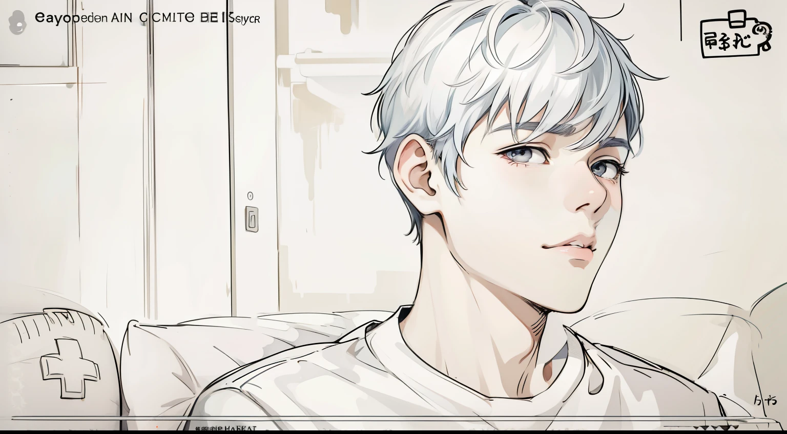 (estilo anime 2d plano)cute 16 year old boy is talking sad remembering something gray eyes gray hair