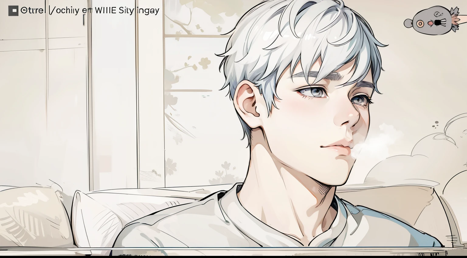 (estilo anime 2d plano)cute boy is talking sad remembering something gray eyes gray hair